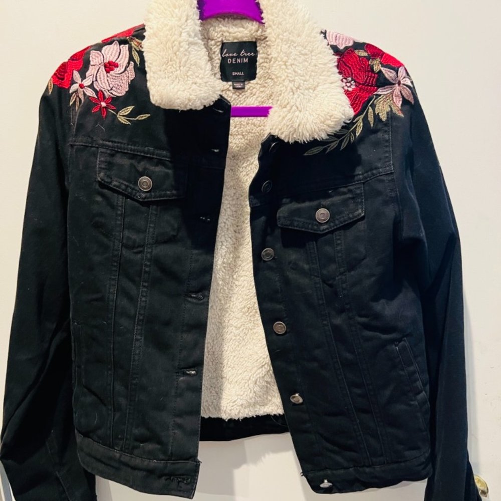 Black Denim jacket with floral pattern on sholders